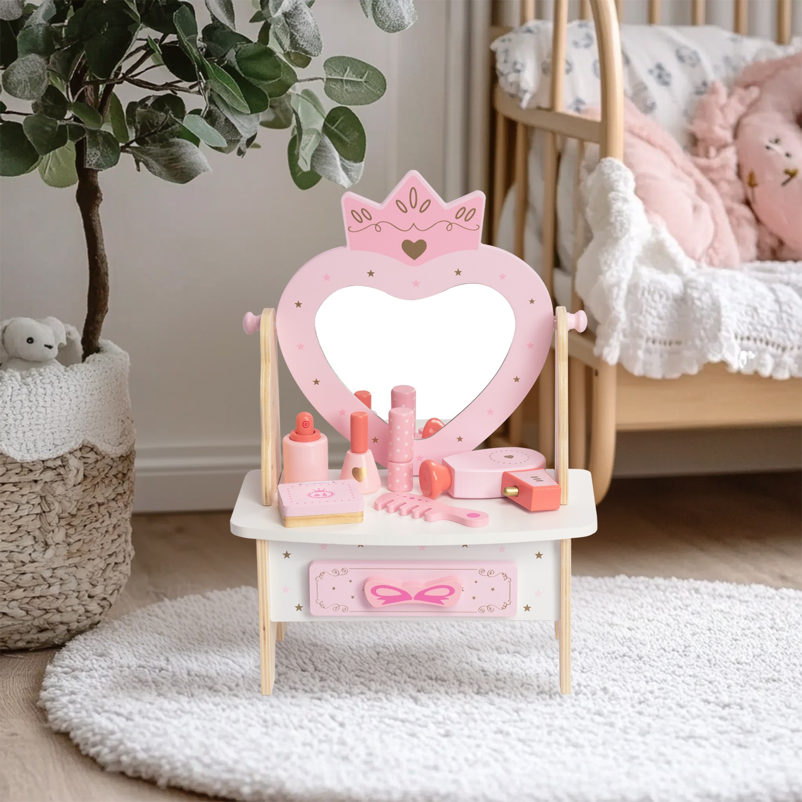 WoodenFun 어린이 원목 핑크 화장대 세트 소꿉놀이 접이식 공주 테이블 화장대 7pcs, 1세트 31,000원