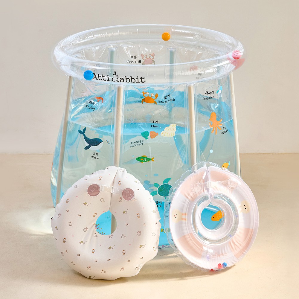 아띠래빗 바다친구 아기 수영장+오가닉 커버+딸랑방울 신생아 베이비 목튜브+핸디펌프+탕온계 72,900원