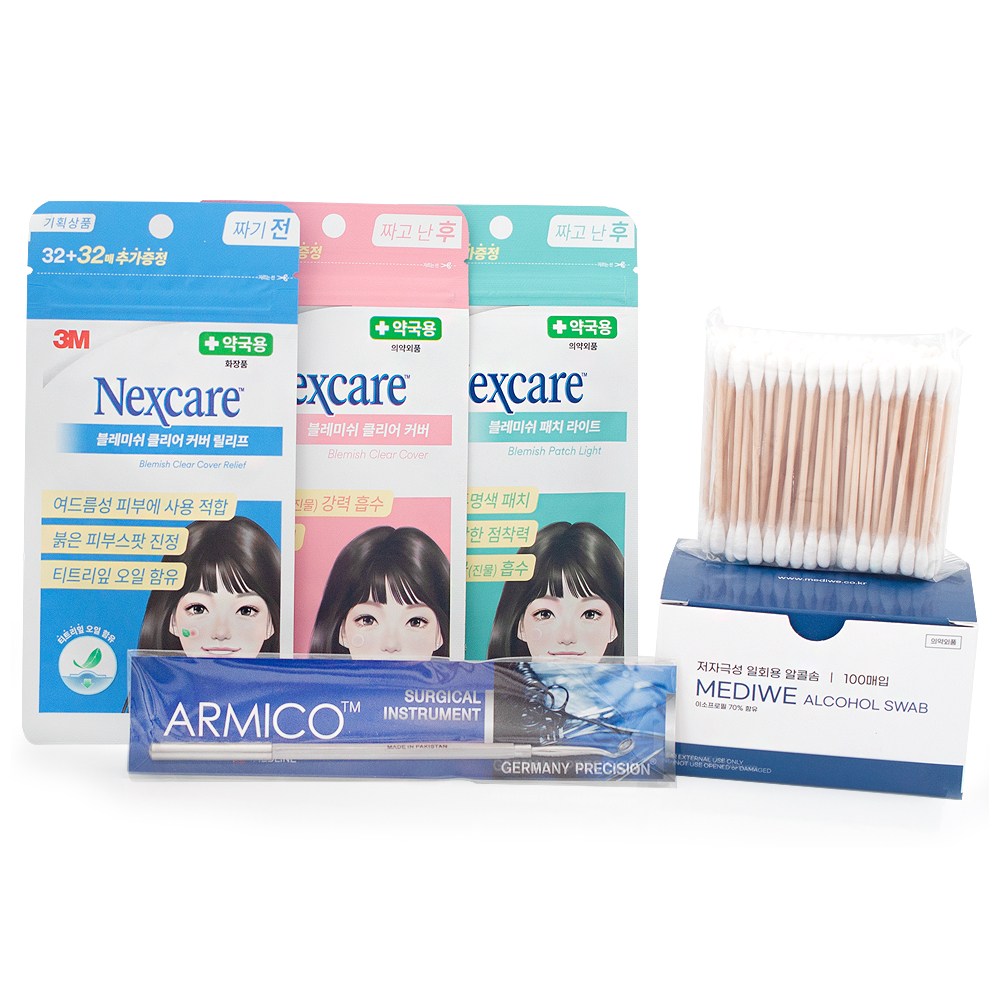3M 넥스케어 블레미쉬 여드름패치 케어세트 릴리프64매+라이트72매+클리어커버72매+압출기+알콜솜+면봉 24,900원