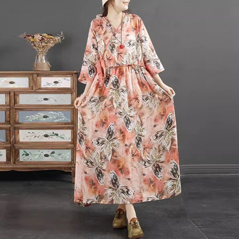 봄옷 신상 빈티지 프린트 브이넥 칠부 소매 롱 허리 조임 슬림 원피스 여 한복 복고풍 일상복 나들이룩 모임룩 26,900원