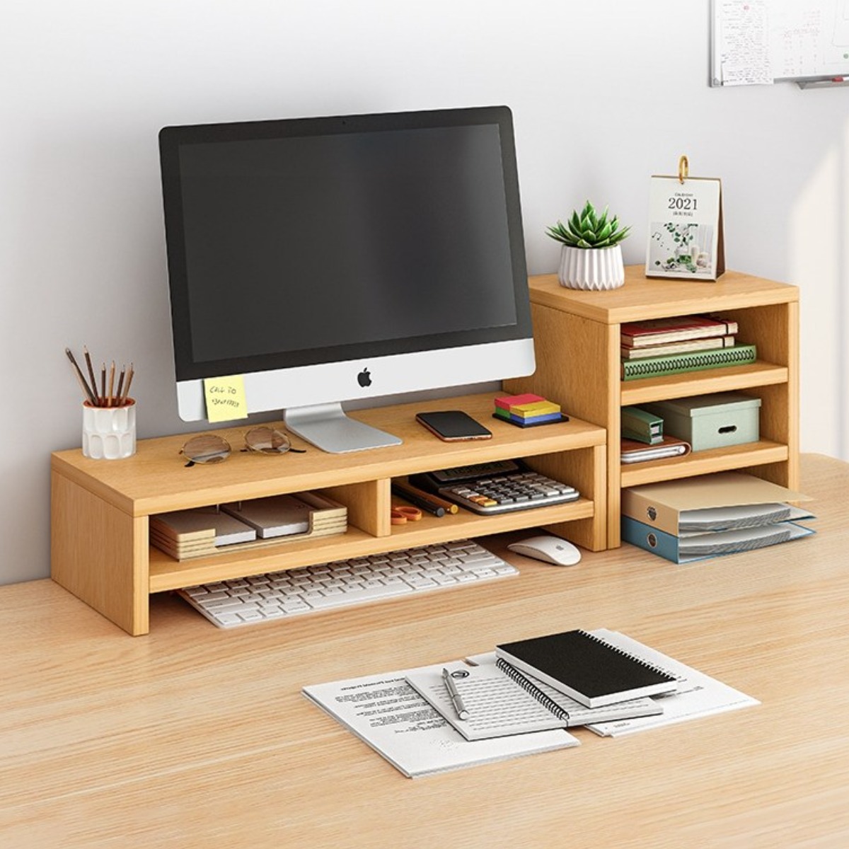 스피드박스 다용도 수납형 모니터 받침대 책상정리 2단식 수납장 포함, 고무나무색상 25,580원