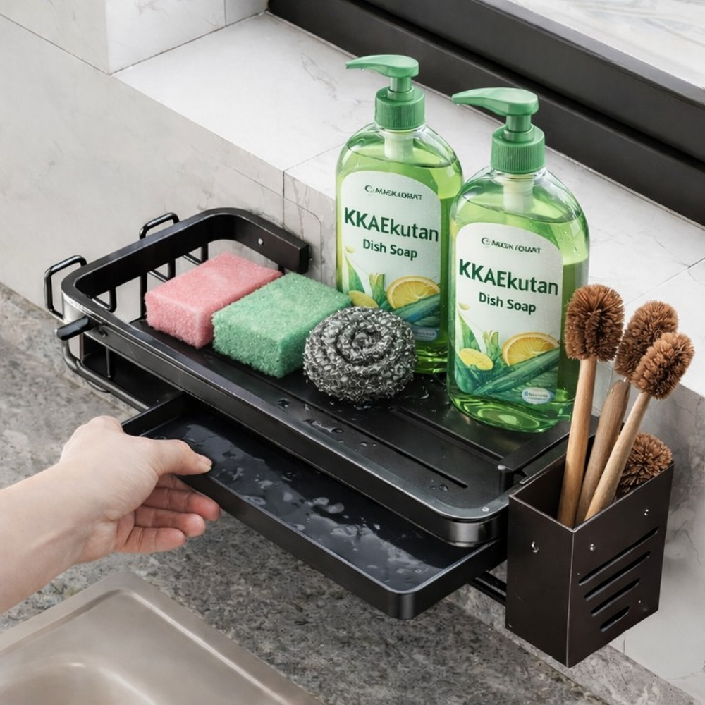 함자트 씽크대 공간절약 물빠짐 수세미 세제 거치대, 1개, 다크그레이, 현재가 12,400원