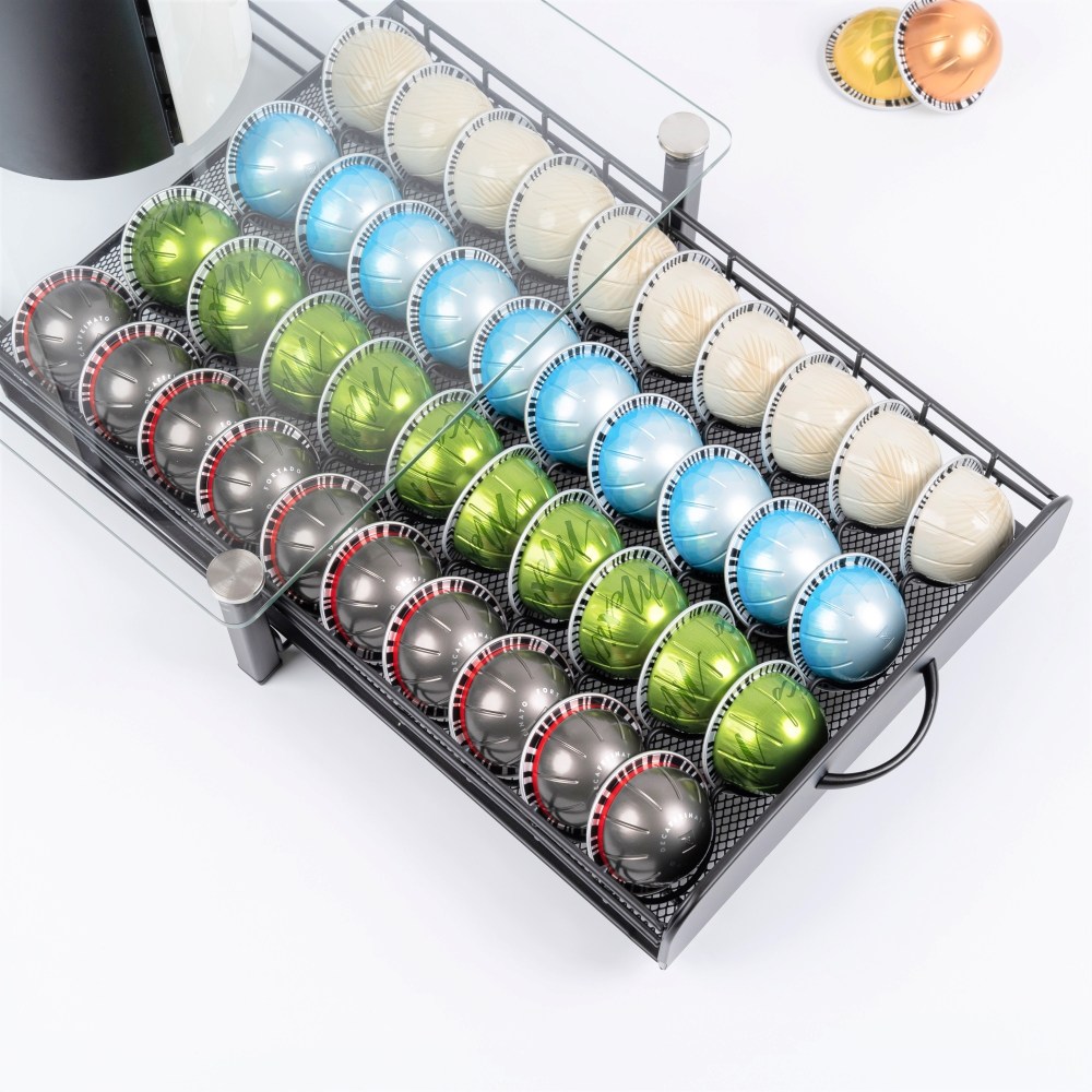 한스메종 네스프레소 버츄오 호환용 커피캡슐보관함 강화유리 서랍형 40구 거치대 블랙컬러 26,800원