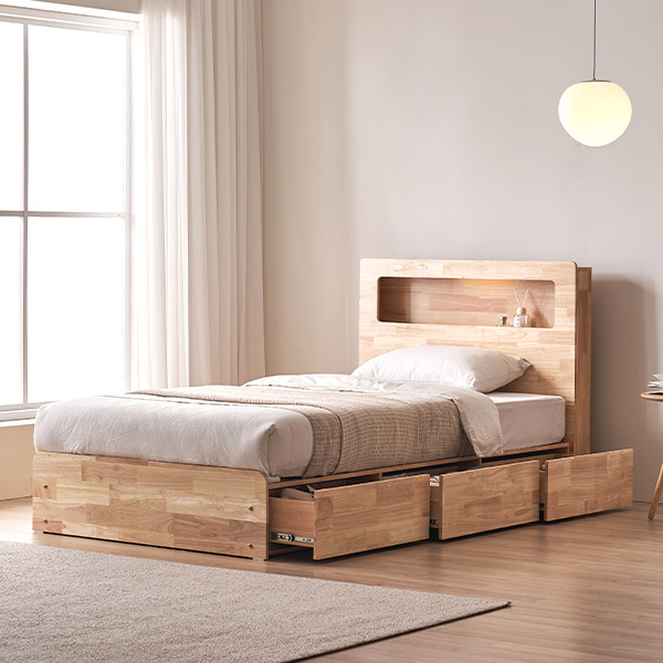 [1만원 할인쿠폰] 스칸디아 레임 3단 빅서랍 LED 수납 원목 침대 (슈퍼싱글/퀸) 379,000원