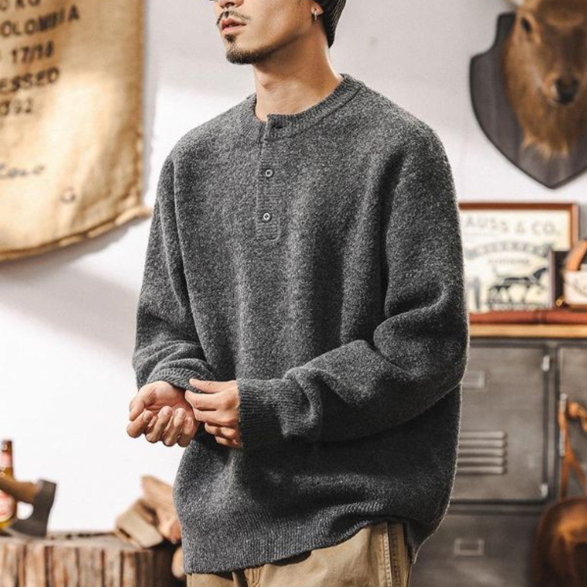 녕동 남성 헨리넥 울 니트 긴팔 루즈핏 캐주얼 두꺼운 스웨터 맨투맨 데일리룩 58,900원