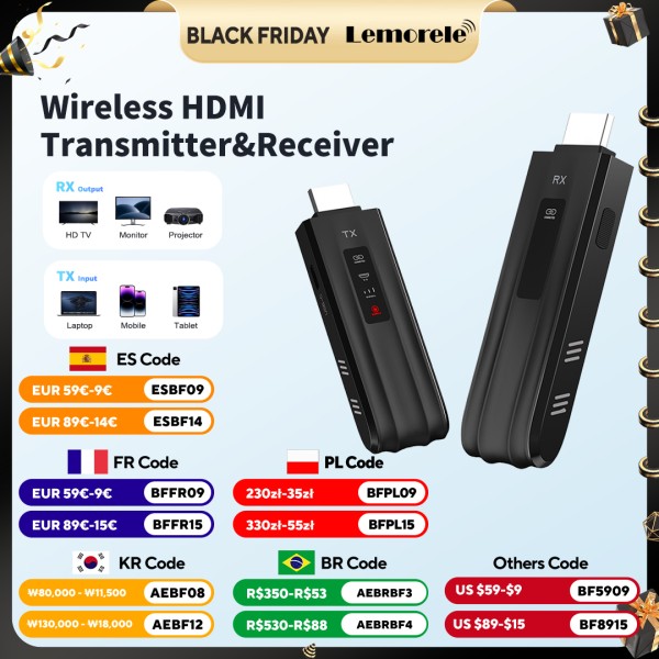Lemorele 무선 HDMI 트랜시버 1080P 디스플레이 동글 익스텐더 키트 노트북 TV 프로젝터 모니터 용 50m 송신기 수신기 72,300원