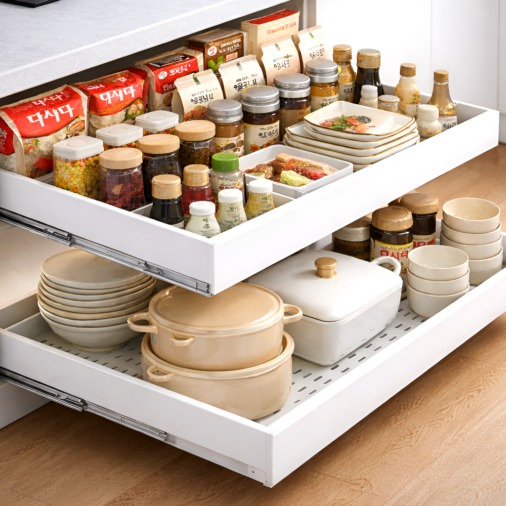 르오망 슬라이딩 레일 선반 무타공 부착식 길이조절 싱크대 하부장 27,800원