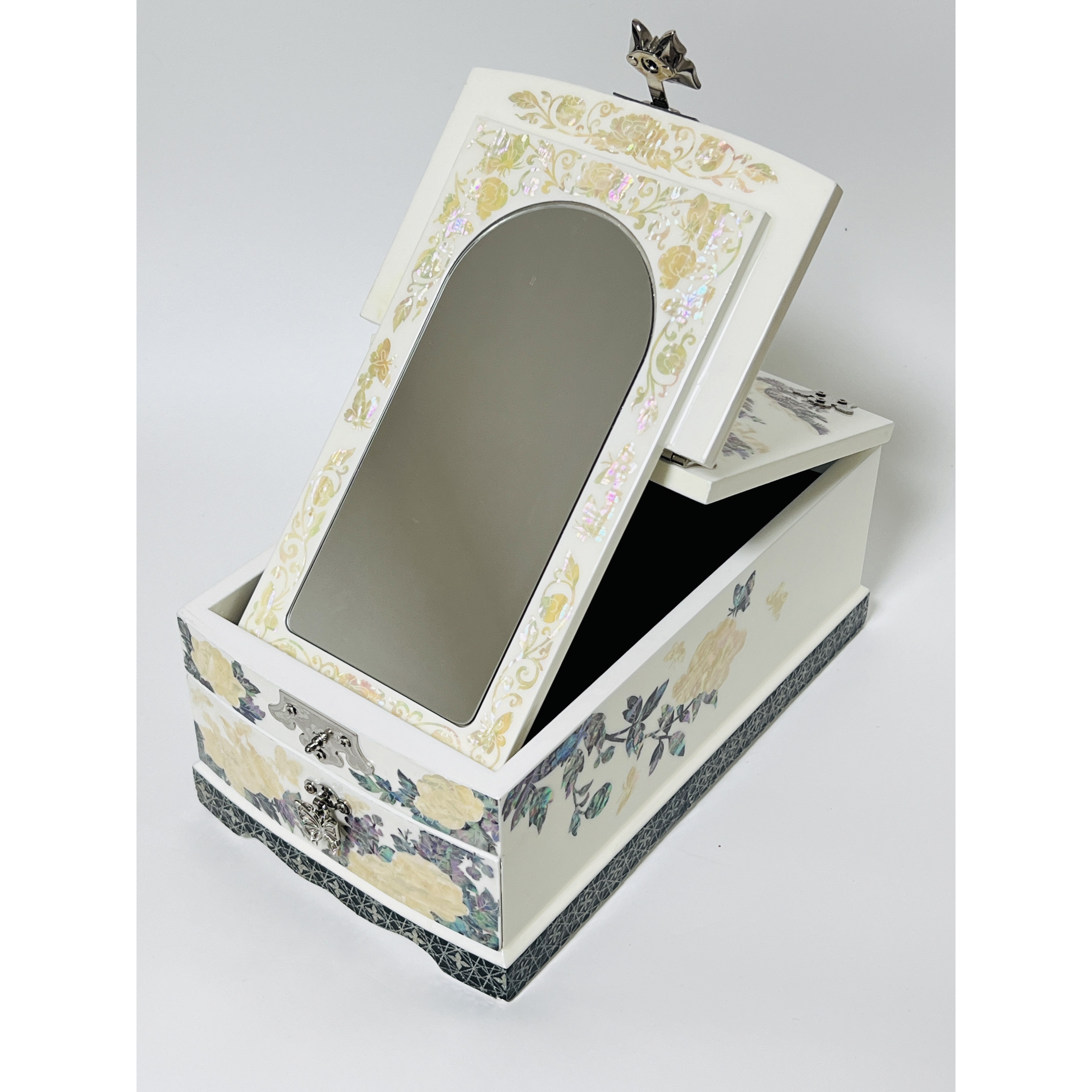 크림아이보리 송학 자개 나전칠기 화이트 자개보석함 장미 목단 중형 경대 화장대 140,000원