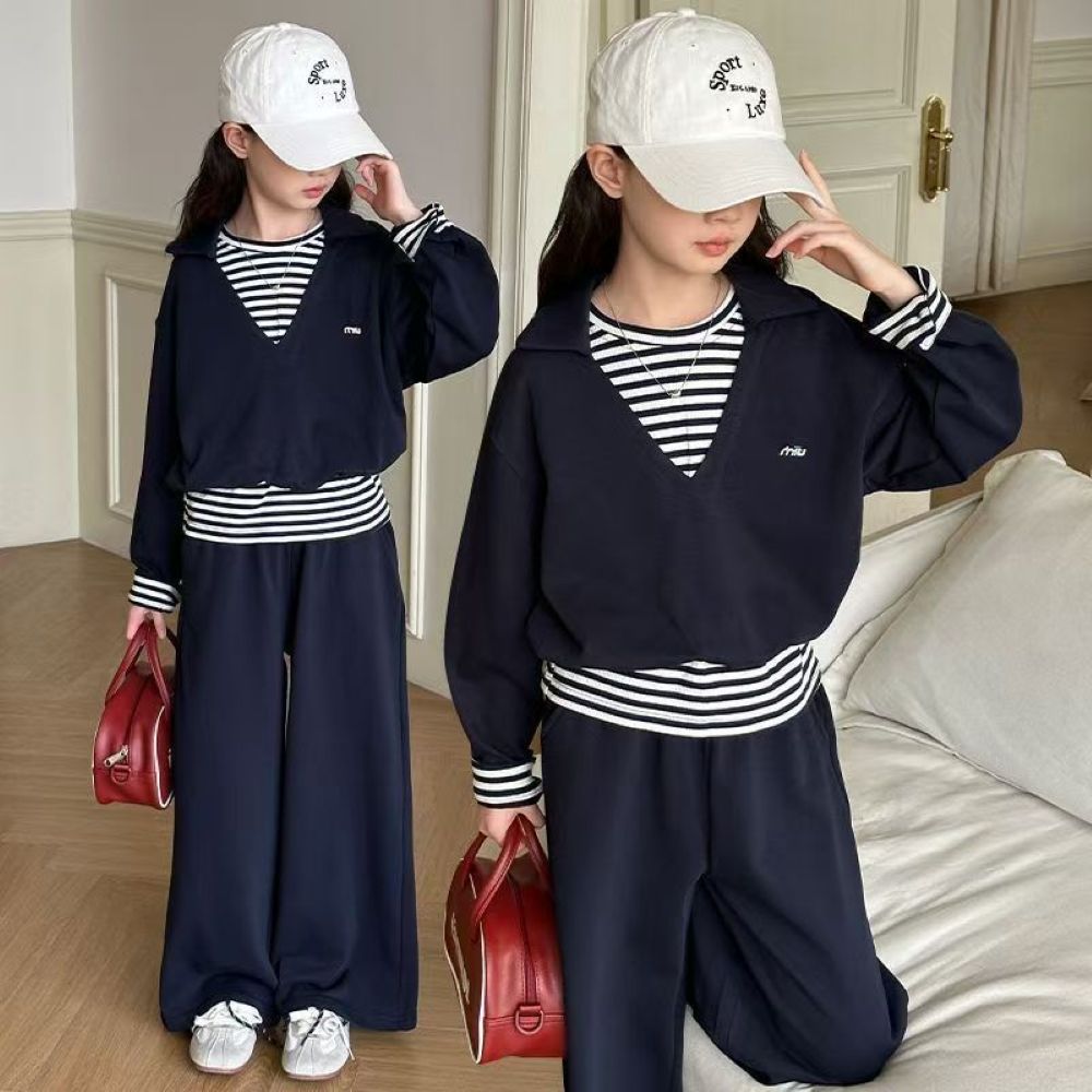 인싸모여 여아 스트라이프 레이어드 맨투맨 와이드 팬츠 상하복 34,900원