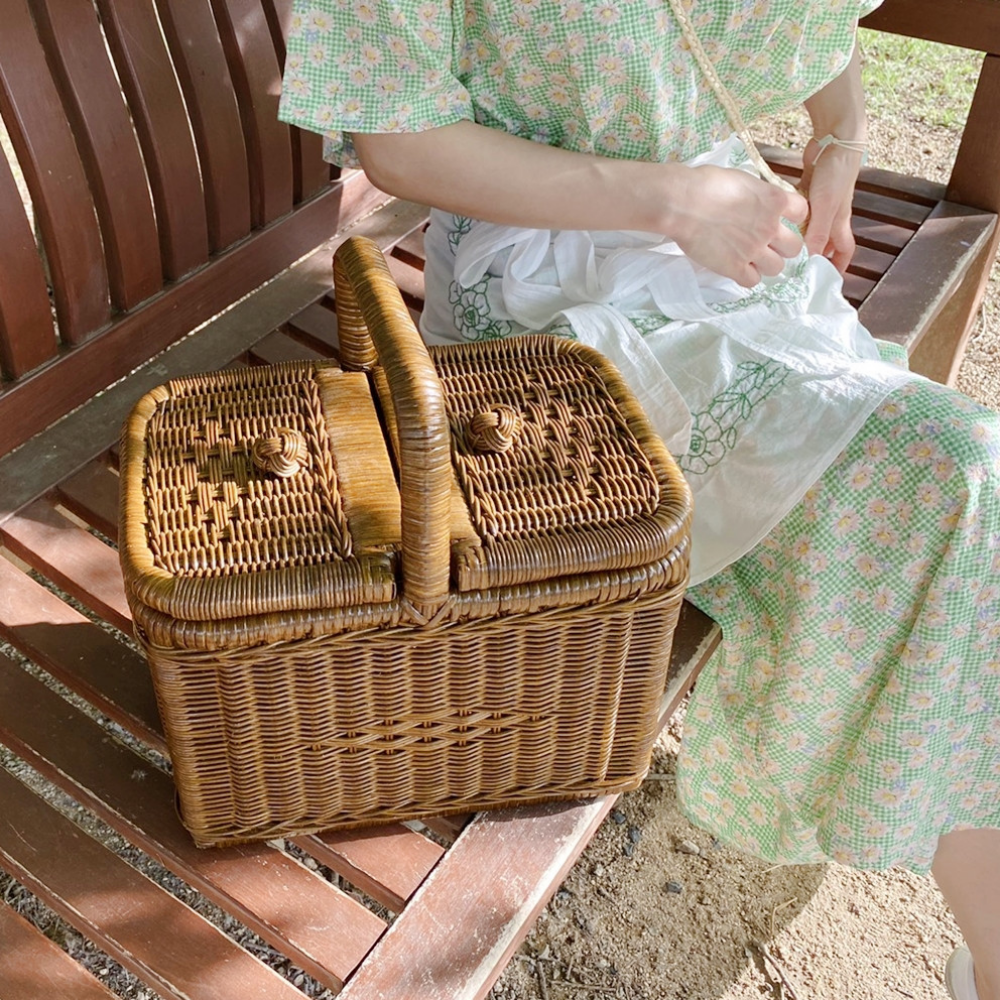 마이제너럴스토어 플랫 라탄 피크닉 바구니 라틴 사각 손잡이 뚜껑 바스켓 70,390원