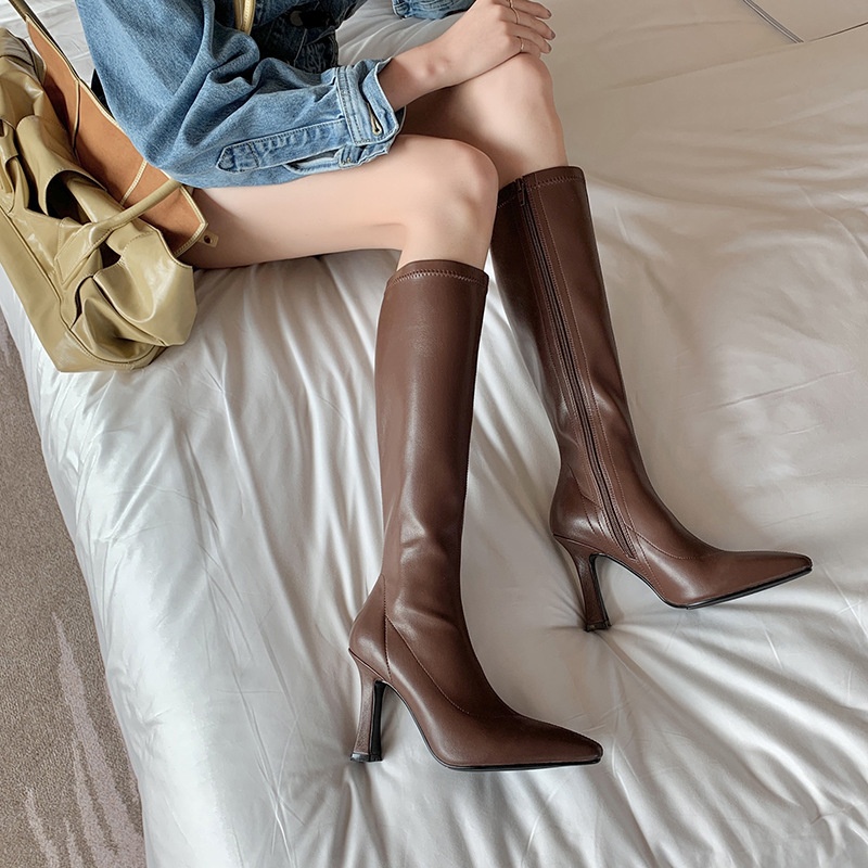 SUNNEER 여성롱부츠 통굽 발편한 심플 슬림한 라인 롱 부츠 여성 가죽 하이힐 구두 롱 부츠 7cm 32,900원