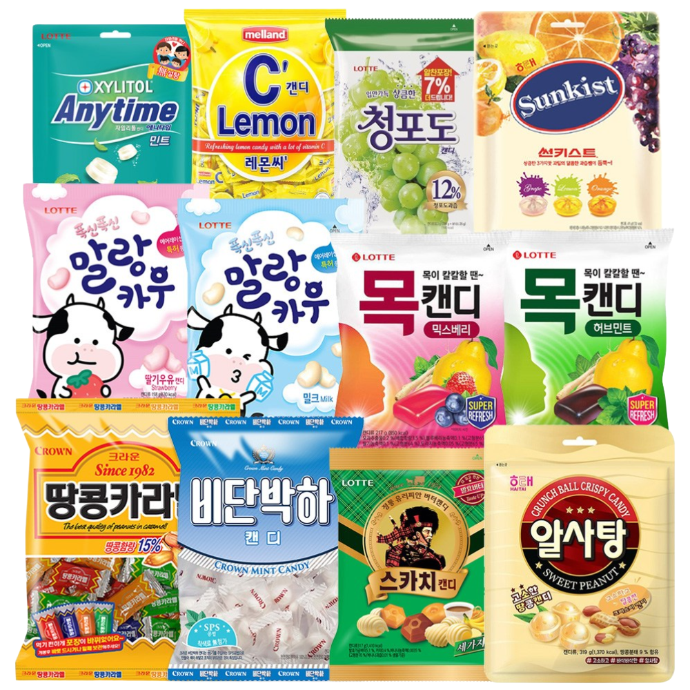 [냠냠상회] 대용량 사탕 청포도+스카치 세가지맛+애니타임+말랑카우 밀크+말랑카우 딸기+썬키스트+알사탕+레몬씨캔디+비단박하+땅콩카라멜+목캔디 허브+목캔디 믹스베리 74,800원