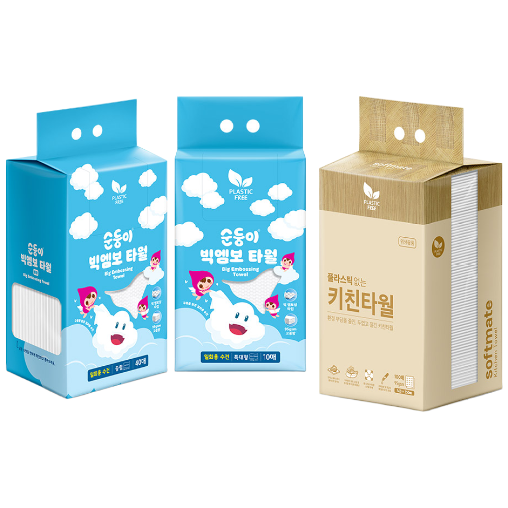 [세트] 순둥이 일회용 빅엠보 타월 중형 40매 1팩+특대형 10매 1팩+키친타월 100매 1팩/물놀이 목욕 여행 다용도 주방 청소 40,700원