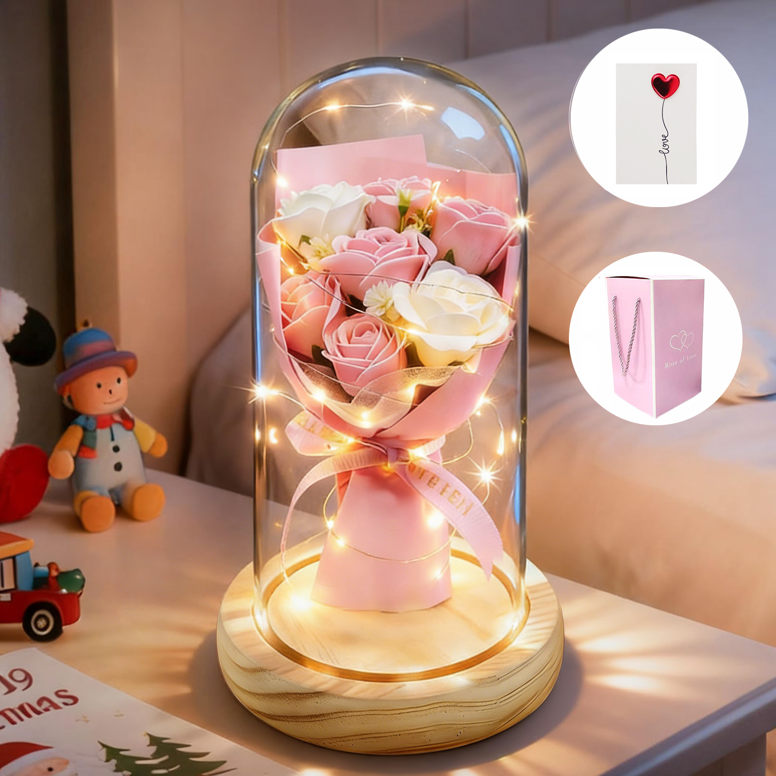 Folvia 유리돔 조화 장미 꽃다발 무드등 로즈데이 기념일 선물 미니카드 포함 13,900원