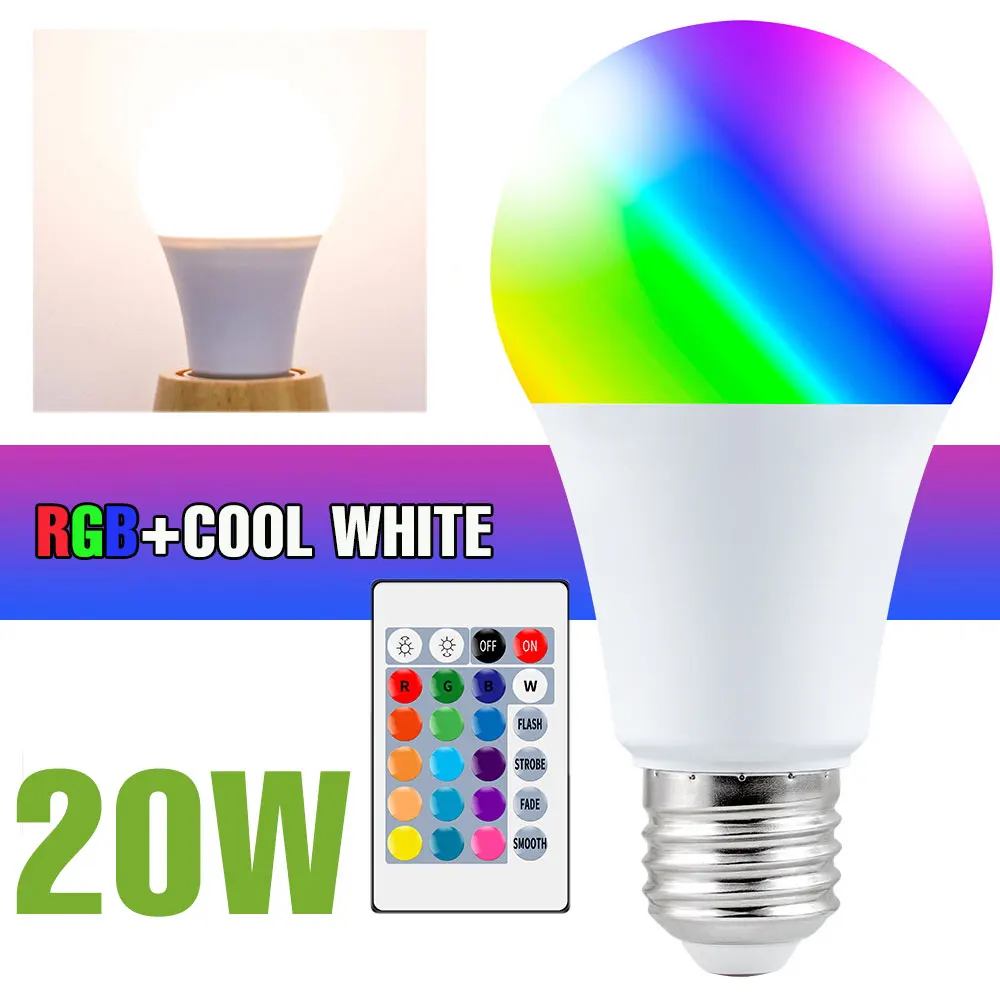 25W LED RGB 전구 E27E26 램프 220V IR 리모컨 다채로운 스마트 110V 가정용 침실 파티 장식 10W 20W 12,500원