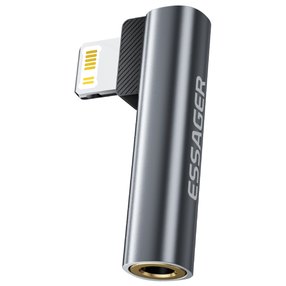 Essager 90도 ㄱ형 라이트닝 8핀 to 3.5mm AUX 아이폰 이어폰 변환젠더, 1개, 그레이, 3.155cm 23,850원