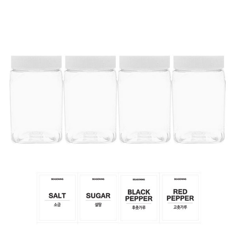 투명사각 PET 양념통 350ml 세트, 1세트, 양념통 4p + 흰색캡 4p + 스티커 4p(소금 + 설탕 + 후추 + 고춧가루) 6,400원