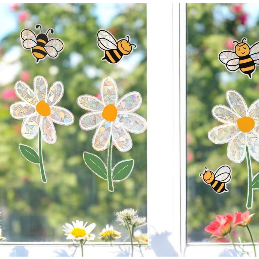 생동감 있는 데이지 꽃 & 벌 정전기 유리 스티커 양면 재사용 창문 데코 10,000원