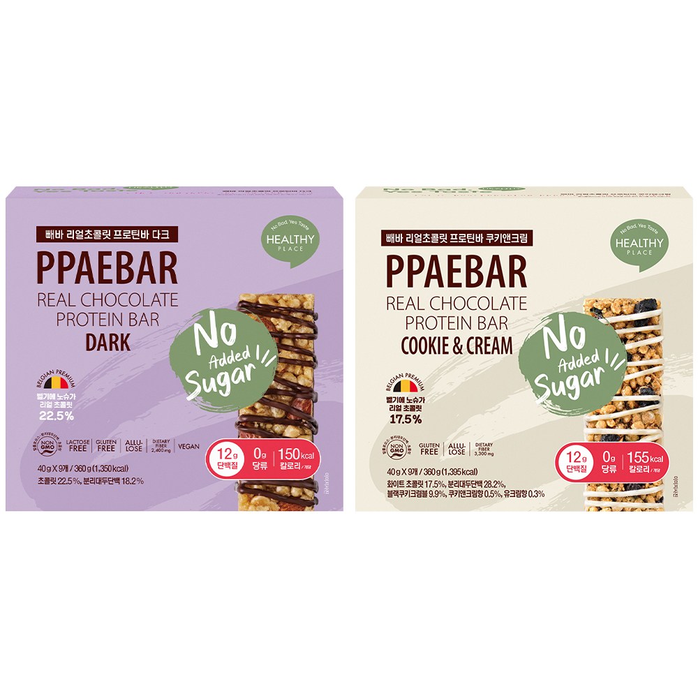 [무가당 설탕X] 빼바 리얼초콜릿 프로틴바 다크 & 쿠키앤크림, 1세트, 720g 38,000원