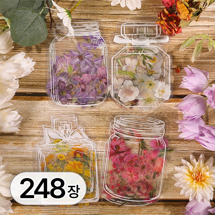 투데이리빙 248장 세트 대용량 압화 스티커 플라워 꽃병 투명 배경지 스티커북 폰꾸 탑꾸 꾸미기 스티커팩 키치 데코 용품 9,800원