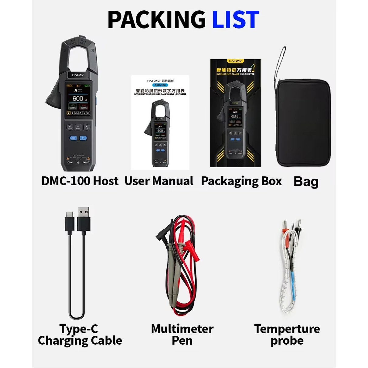 FNIRSI DMC 100 전류 600A 테스터 클램프 카운트 USB 기술자 AC 전기 NCV 디지털 미터 도구 10000 멀티미터 57,500원