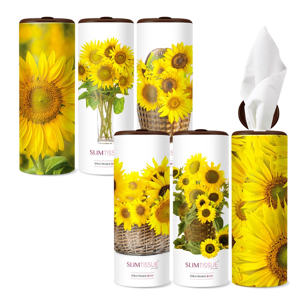 슬림티슈 6P [해바라기2] / 차량용 휴대용 캔티슈 대나무 원통형 원형 미니 휴지 화장지 집들이 재물복 개업선물세트 풍수인테리어 40,800원