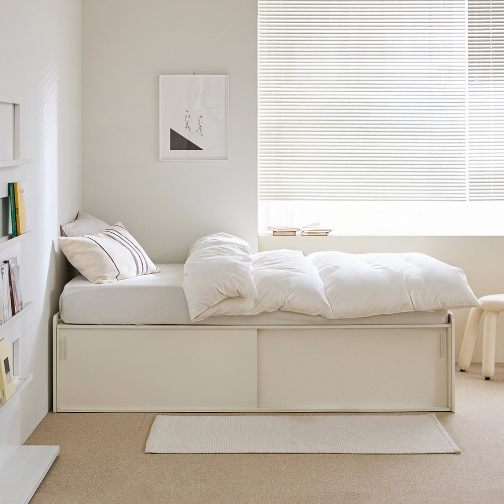 우아미가구 카네 빅 슬라이딩 대용량 수납 침대 프레임 + 밀림방지보드 + 본넬 매트리스 세트 방문설치, 아이보리(프레임), 단일색상(매트리스) 445,890원