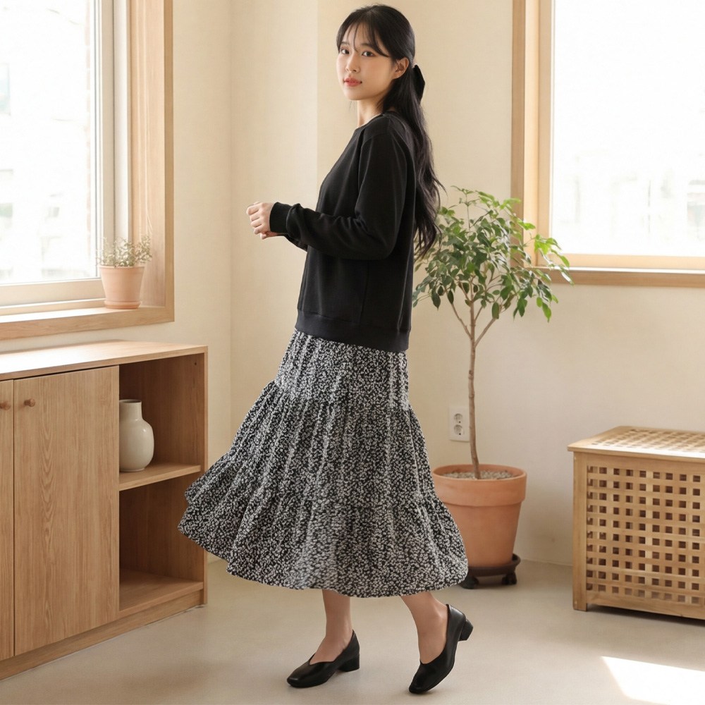 오멘포 D121-5 빅사이즈 여성 레이어드 롱 원피스 빅사이즈 봄가을 플라워 패턴 33,900원