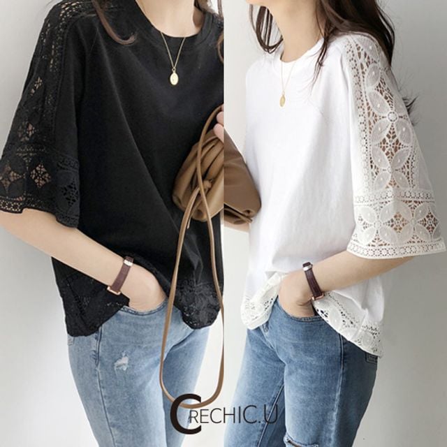 (24 여름신상) 레이스 레이어드 블라우스 반팔티 한필몰 18,550원