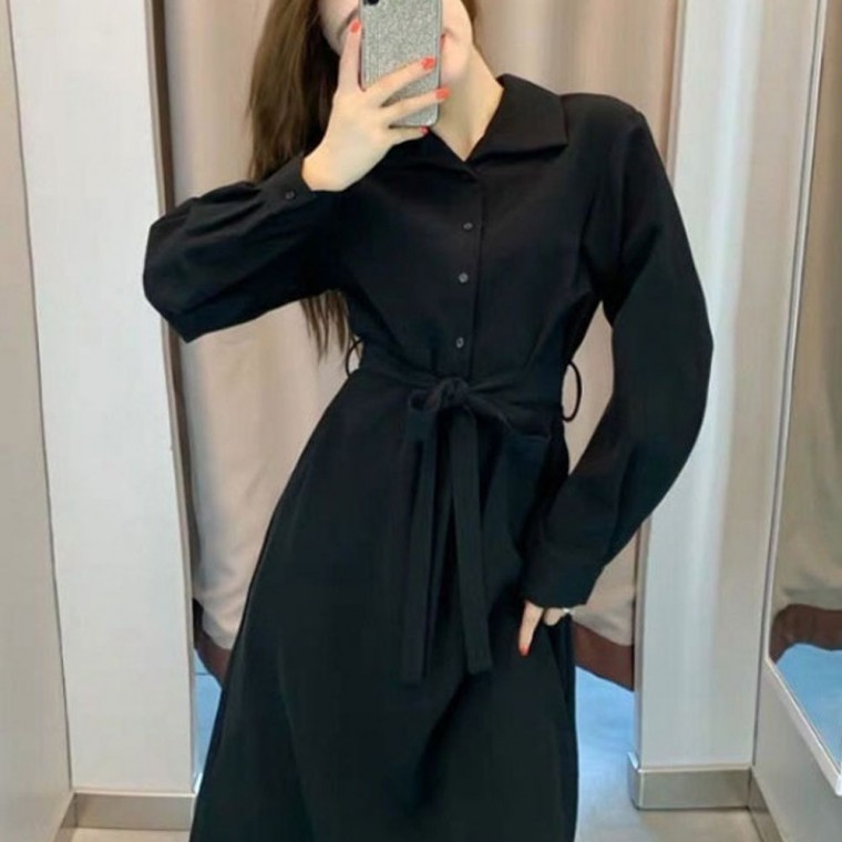 하객 허리끈 코디룩 긴팔 원피스 여자 가을 블랙 32,450원