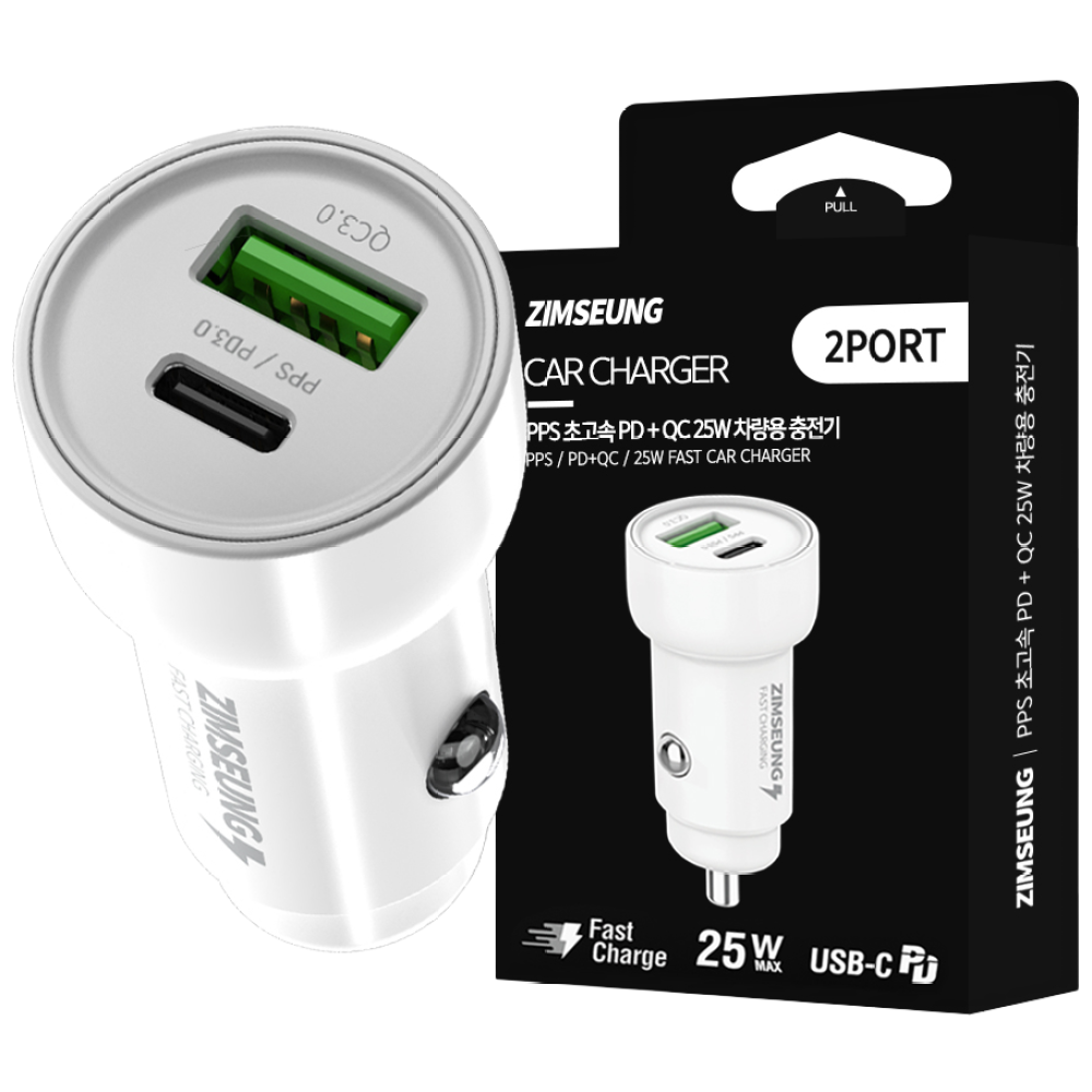 짐승 25W PD+QC 초고속 3.0 PPS 2포트 차량용 충전기 화이트, 1개 9,900원