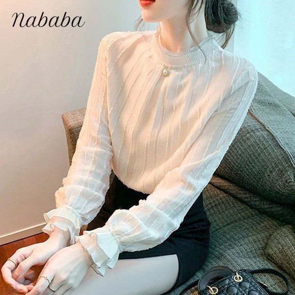 나바바 NB2519 여성 로맨틱 진주 포인트 프릴 긴팔 블라우스 23,300원