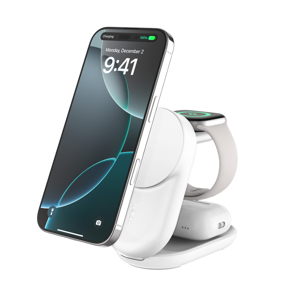 벨킨 울트라차지 3in1 Qi2 25W 폴더블 마그네틱 무선 초고속 충전기 WIZ037kr, 화이트(WIZ037krWH), 1개 158,000원