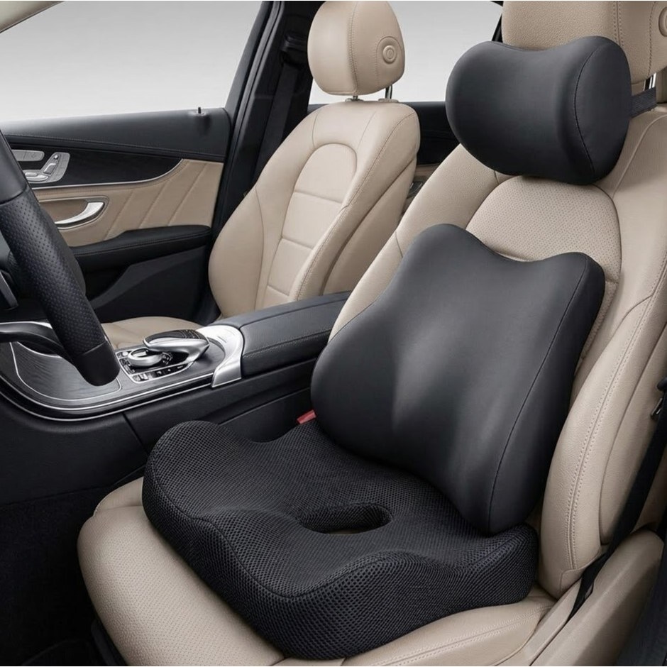 프리미엄 메모리폼 차량용 목 허리 쿠션 + 시트 방석 3종 세트, 1세트, 블랙 25,900원