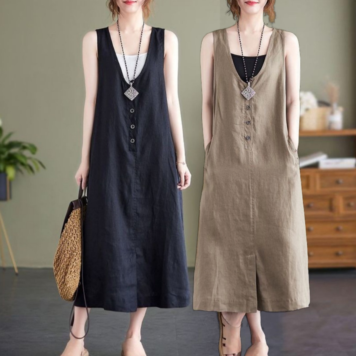 UNIQUEZON ~80kg 여성 패션 루즈핏 린넨 롱 원피스 여름 민소매 브이넥 면마 나시 원피스 빅사이즈 25,880원