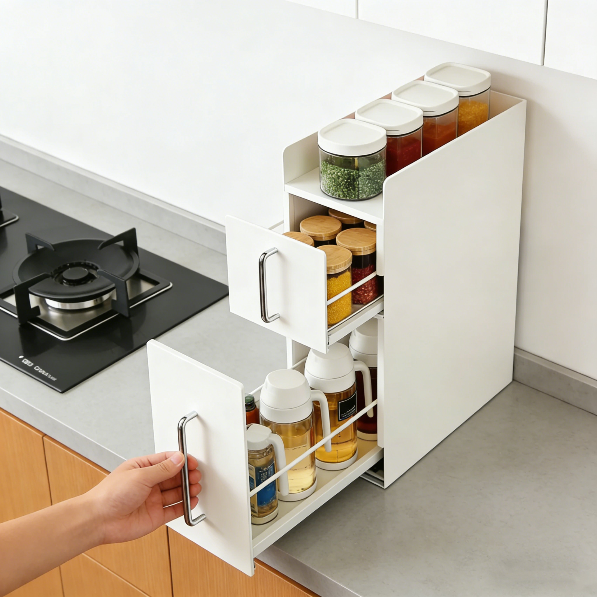 리빙가감법 2단 주방 틈새 공간 활용 튼튼한 철제 슬라이딩 수납장 미끄럼 방지 양념통 컵 물병 서랍형 주방 정리함, 1개, 화이트 62,900원