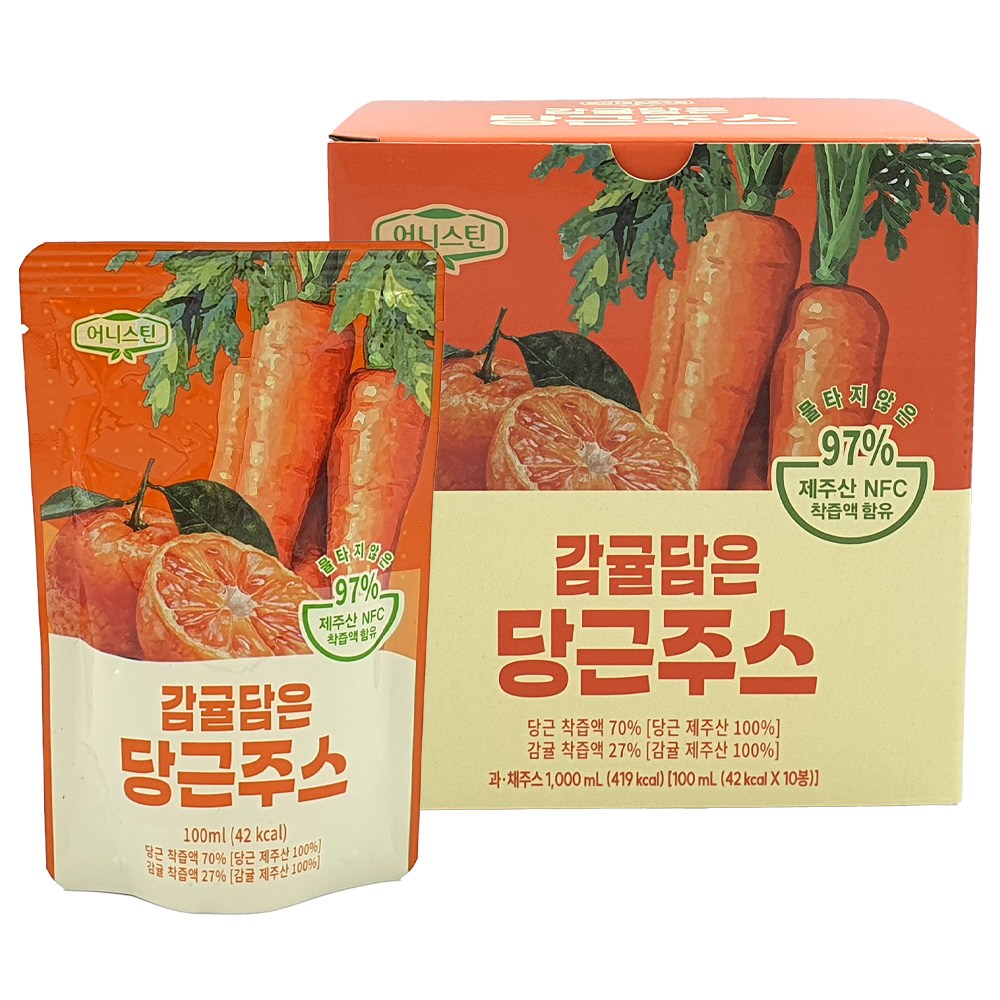 어니스틴 감귤 담은 당근 주스 착즙 주스, 제주산, NFC주스, 당근 주스, 감귤 주스, 어린이주스, 학교간식, 어린이집 간식, 교회간식, 10개, 100ml 13,900원