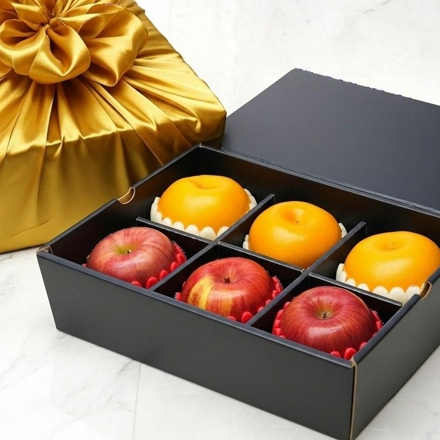 [백화점납품] 고급 포장으로 마음 전하는 6칸 보자기 과일 선물세트, 1박스, 어울림 세트 / 사과 3입 + 배 3입 72,150원