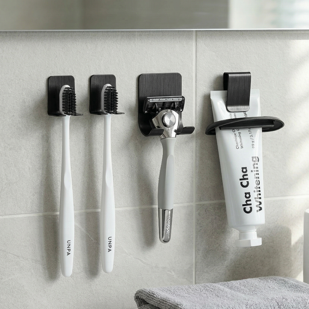 홈르네 녹슬지 않는 무타공 스텐 칫솔꽂이 칫솔걸이 2인 세트, 1개, 블랙 19,000원