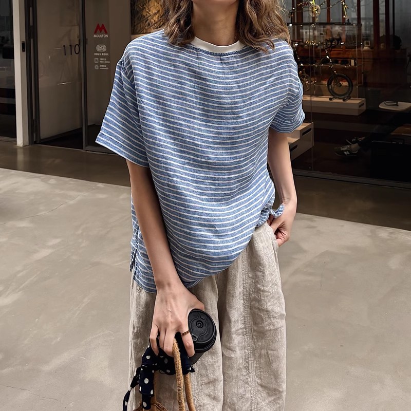 퀸앤조이 여성 여름 루즈핏 워싱 린넨 100% 도톰 반팔 린넨의 계절 라운드넥 풀오버 반팔 티 블라우스 콜드볼 69,800원