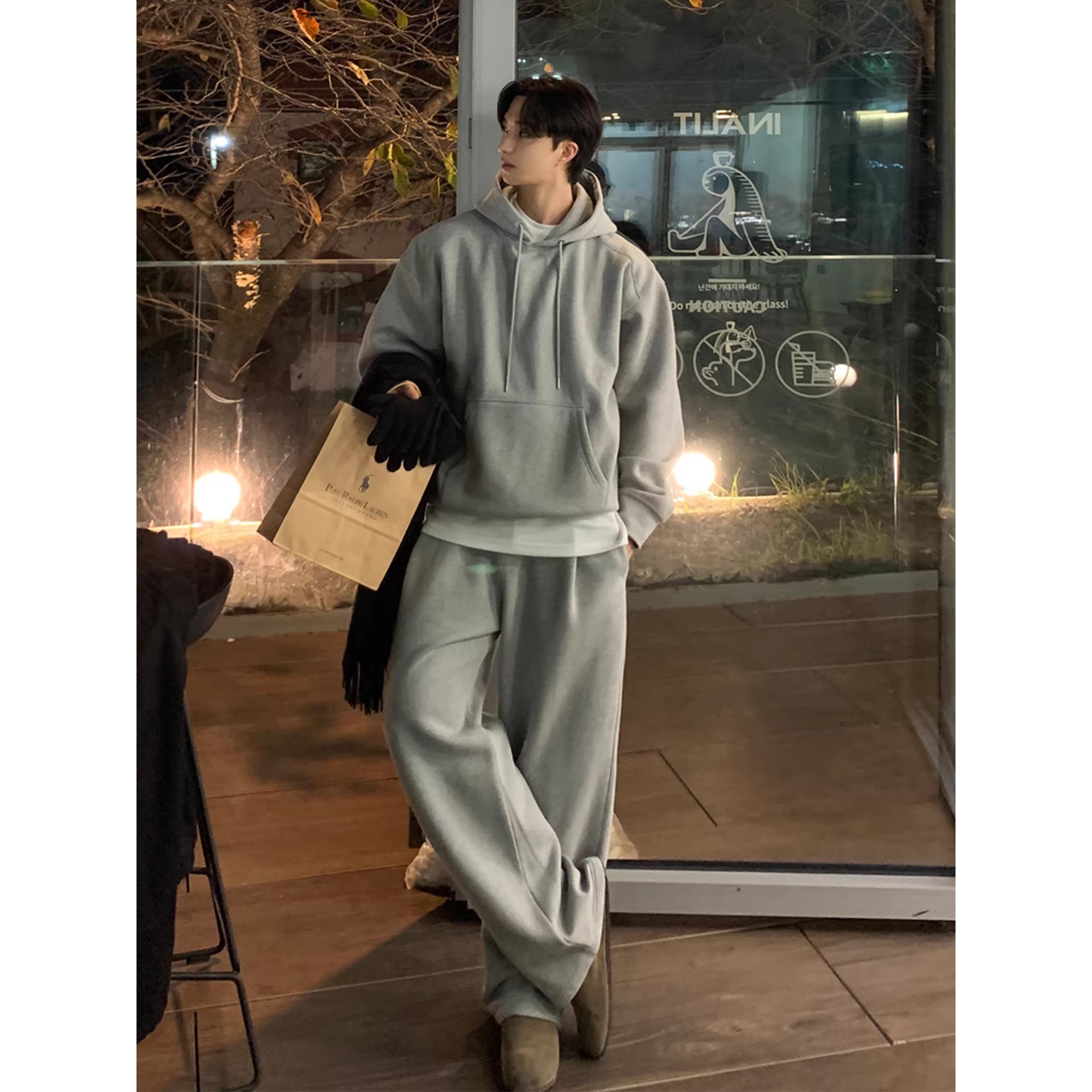 ANYOU 남성 무지 후드티 세트 상하의 세트 오버핏 맨투맨 + 와이드팬츠 캐주얼 데일리 맨투맨 37,960원