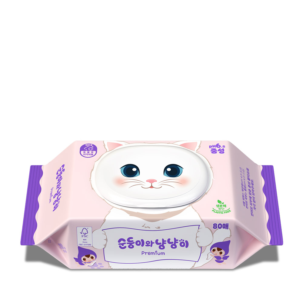 순둥이 냥냥이 프리미엄 고양이 물티슈 캡형 80매 1팩 (1CAT) 3,100원