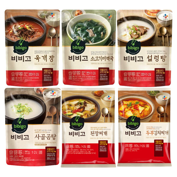 비비고 국 탕 찌개 인기 6종(두부김치, 된장찌개, 육개장, 소고기미역국, 사골곰탕, 설렁탕), 1세트 23,870원