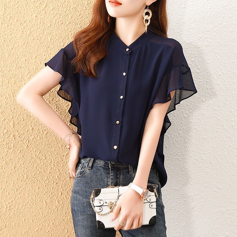 쩐쿠 여름 여성 라운드넥 단추 쉬폰 퍼프 반팔 셔츠 블라우스 8129 29,000원