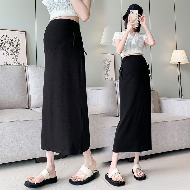 여름 임산부 롱 스커트 니트 스커트 사이드 주름 스트링 디자인 편안한  세련된 높은 허리 비율 JS 17,290원