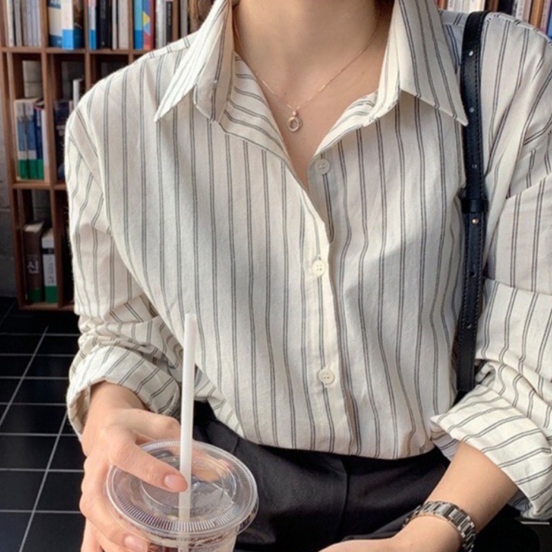 lofei 여름 여성 스트라이프 루즈핏 긴팔 셔츠 데일리 통근 상의 18,900원