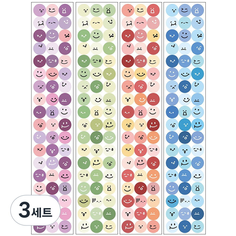 올리브파티 원형 스마일 표정 방수 스티커 다꾸 노트북 캐리어 퍼플 그린 오렌지 블루 세트, 혼합색상, 3세트 21,300원