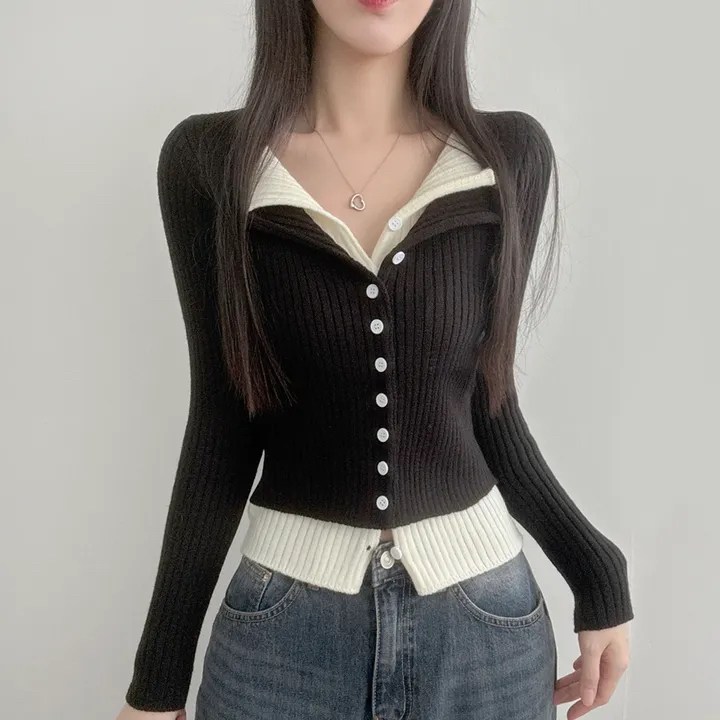 쪼예 투톤 배색 레이어드 긴팔 크롭 니트 가디건 19,710원