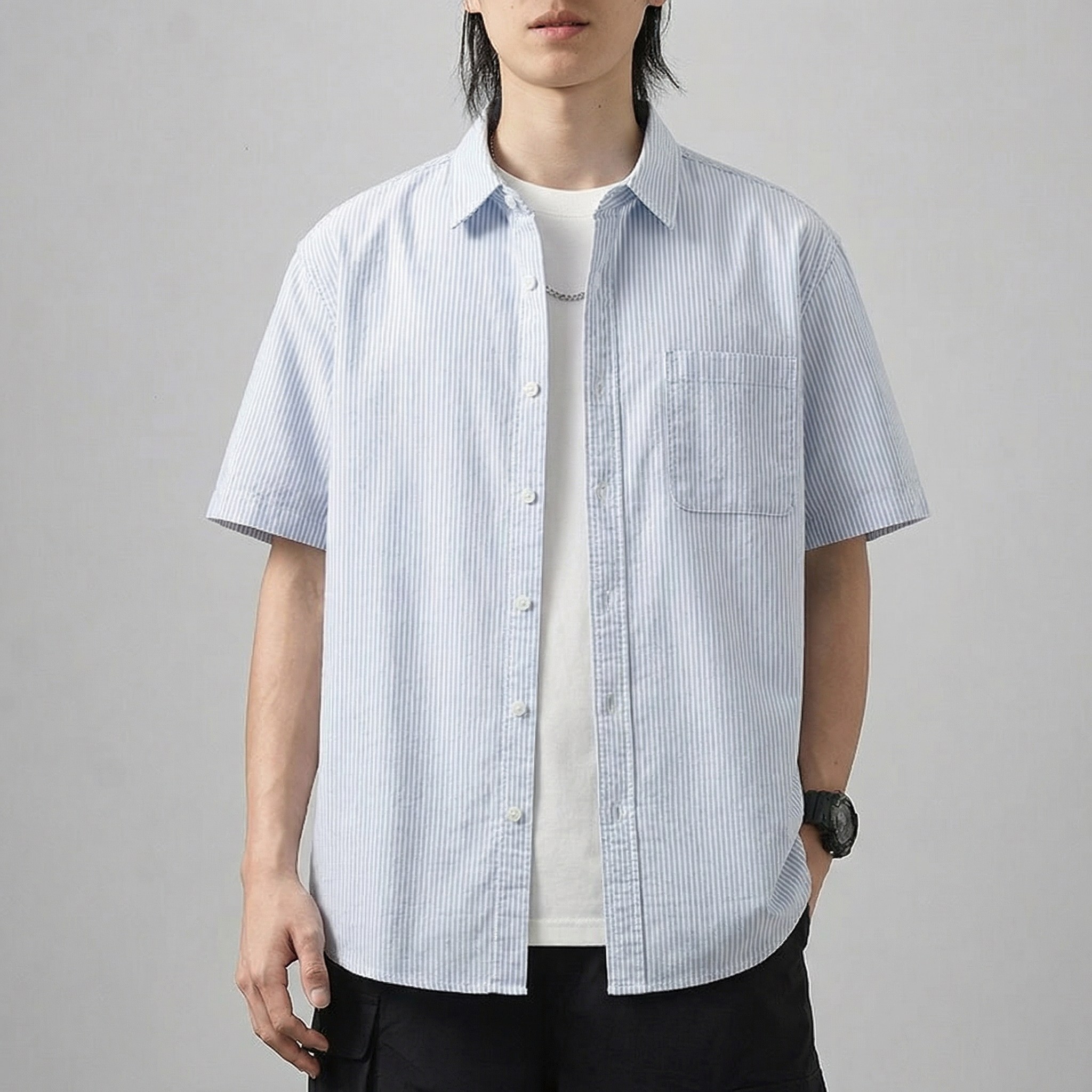 DUKEEN 남성 여름 스트라이프 코튼혼방 반팔셔츠 캐주얼 데일리룩 남성셔츠 22,990원