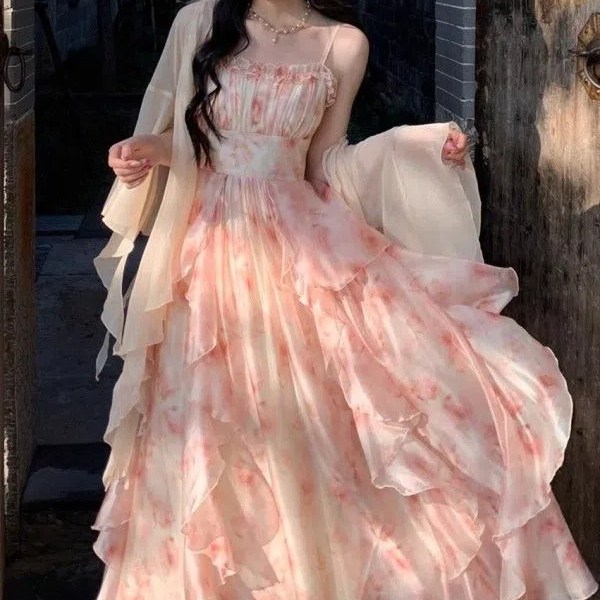 투니스 여성 긴소매 가디건 + 날염 프린팅 민소매 롱 원피스 세트 25,250원